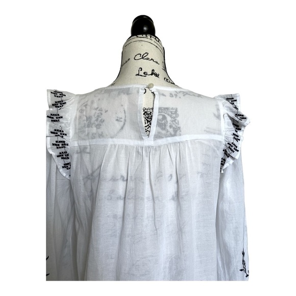 LOFT Embroidered Smocked Ruffle Blouse | White Black Boho Peasant Top | Size XS - Picture 5 of 8
